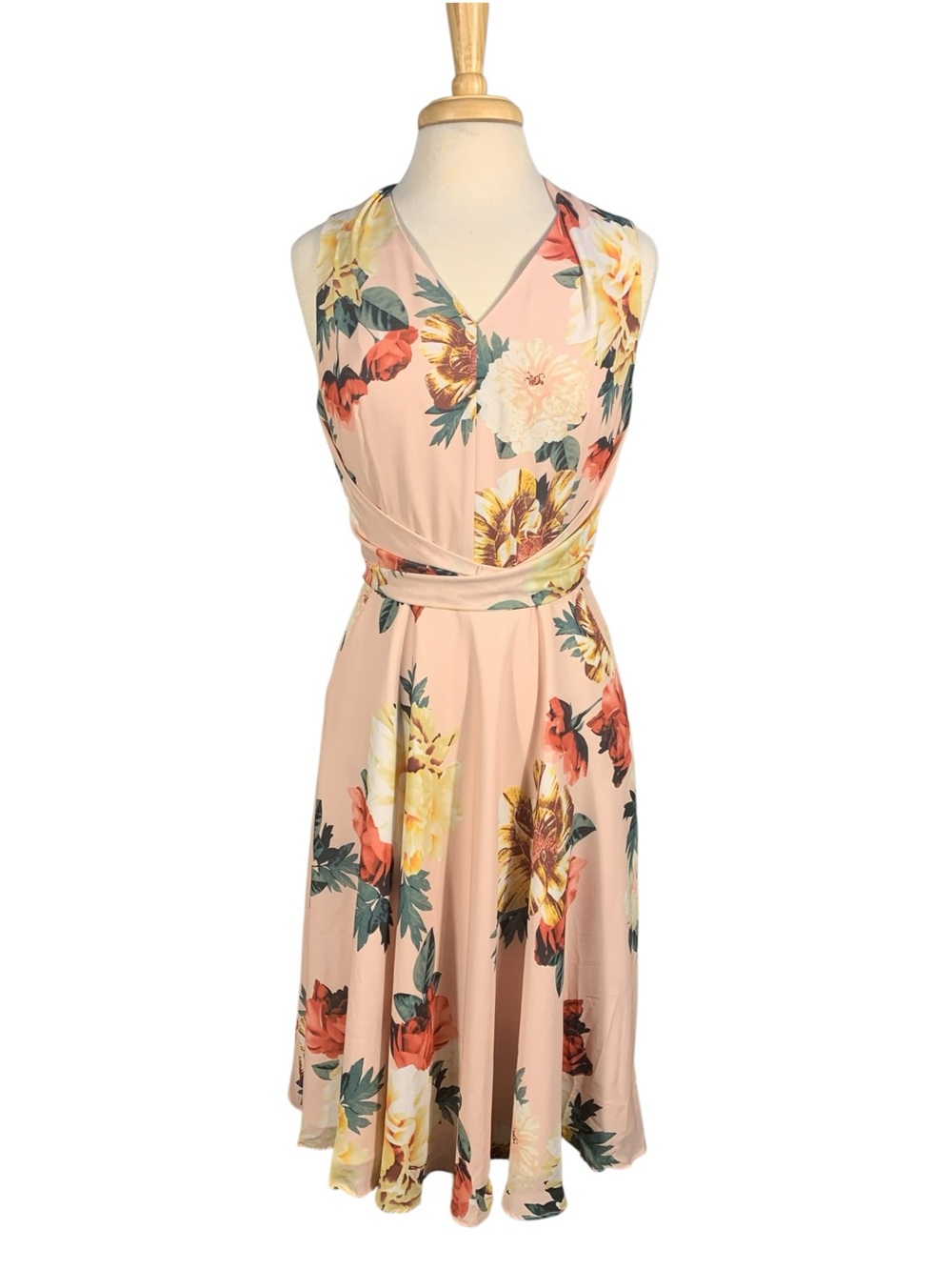 Tahari Pink Floral Wrap-Style Midi Dress